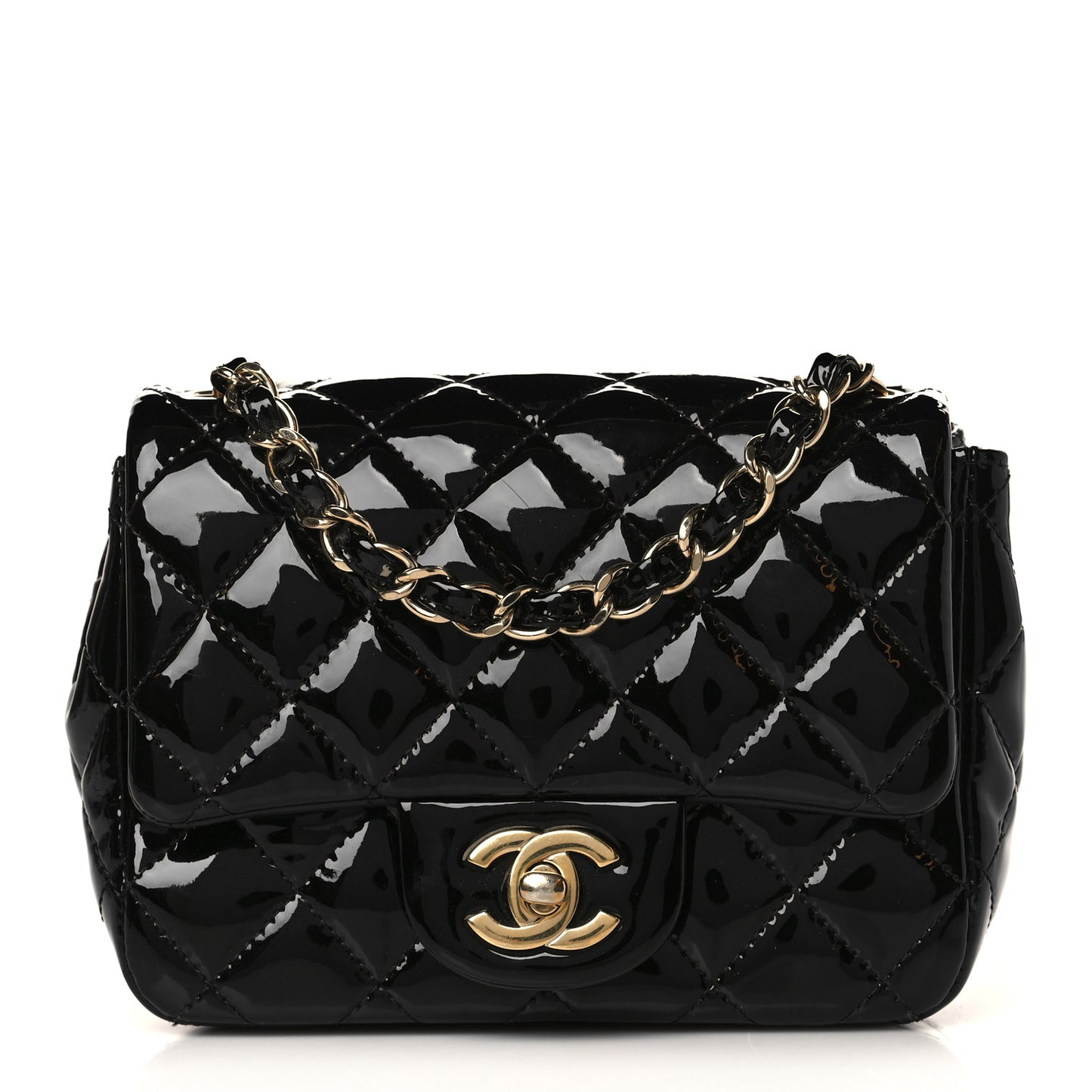 Patent Calfskin Quilted Mini Square Flap Black