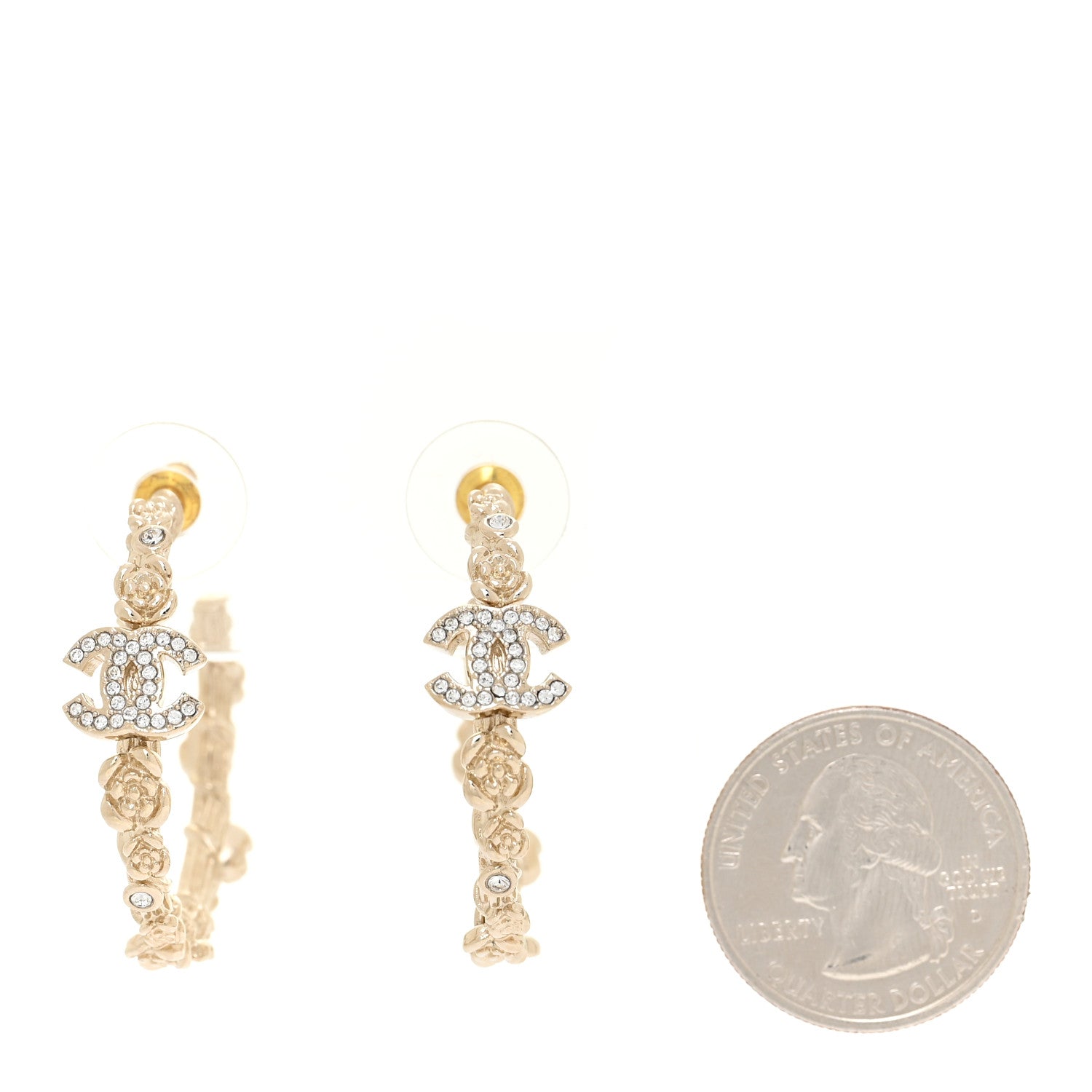 Chanel Crystal Camellia CC Hoop Earrings Gold 2 of 4