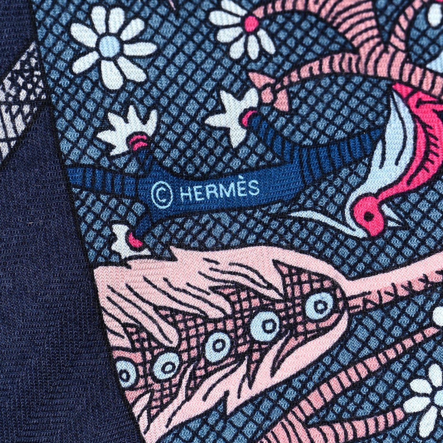 Hermes Cashmere Silk Acte III Scene I La Clairiere Shawl 140 Marine Rose Vif Blue Jean 4 of 7
