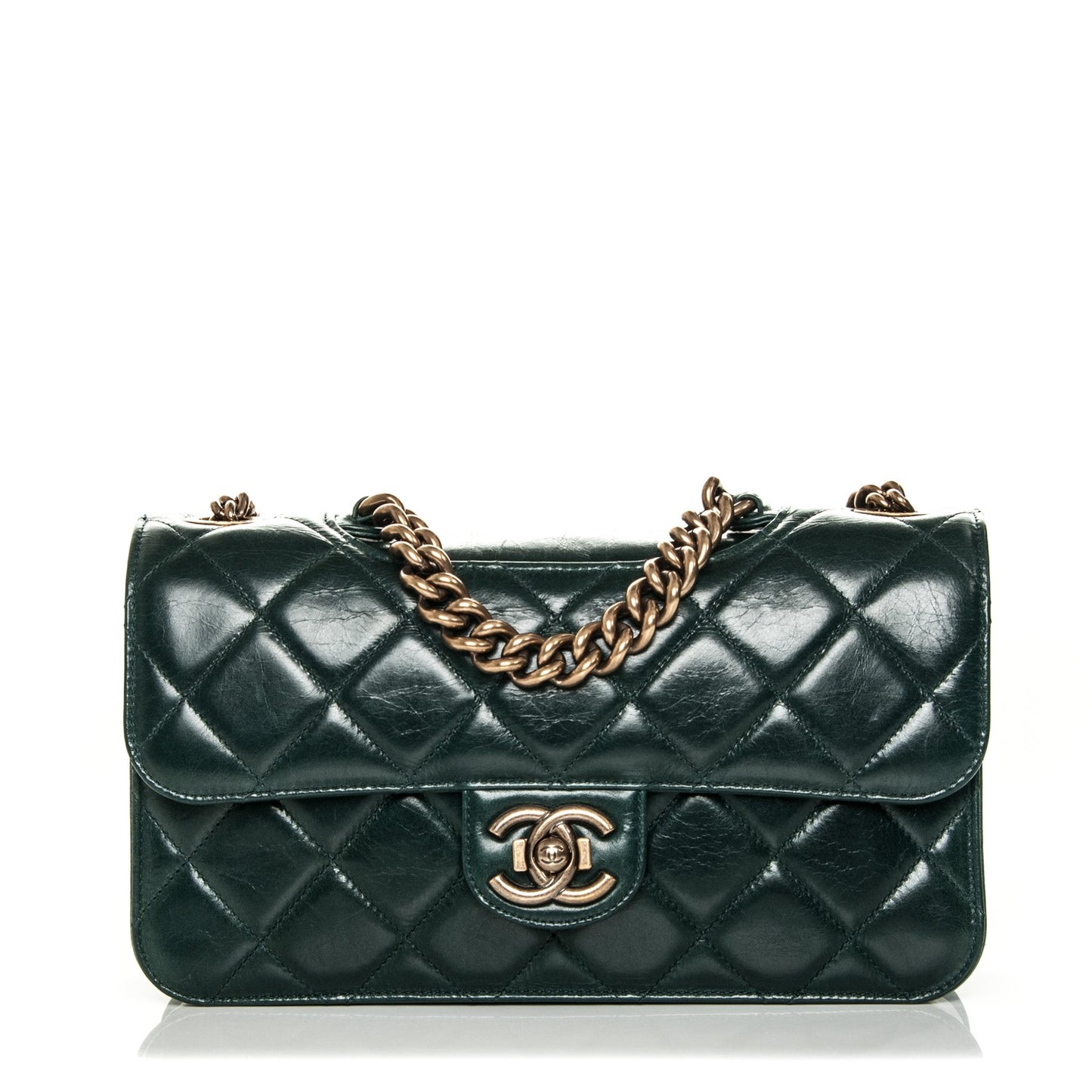 Glazed Calfskin Quilted Medium Perfect Edge Flap Dark Green