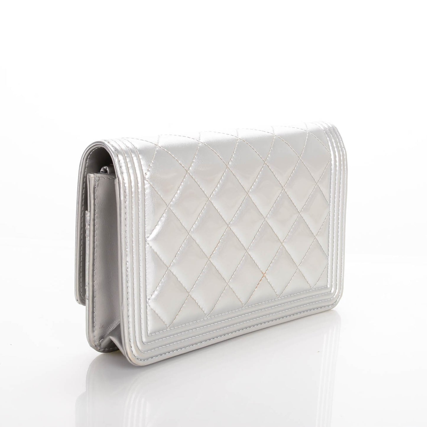 Metallic Patent Calfskin Quilted Boy Wallet on Chain WOC Silver