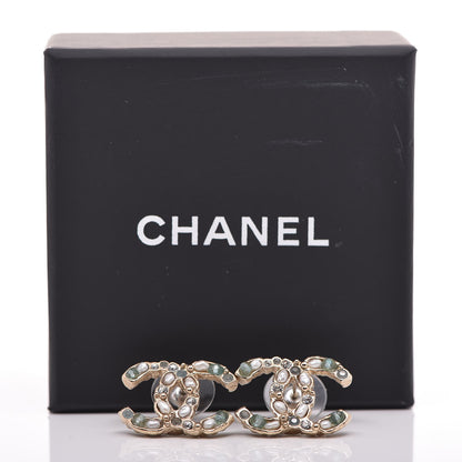 Chanel Crystal Pearl CC Earrings Light Gold Blue 5 of 5