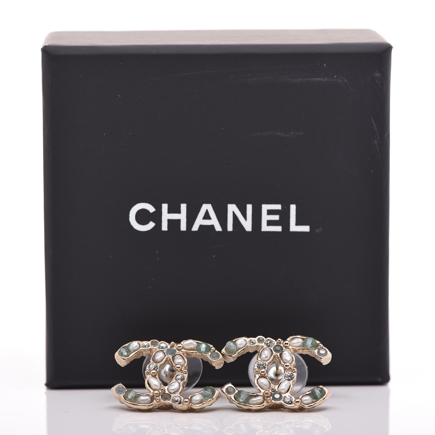 Chanel Crystal Pearl CC Earrings Light Gold Blue 5 of 5