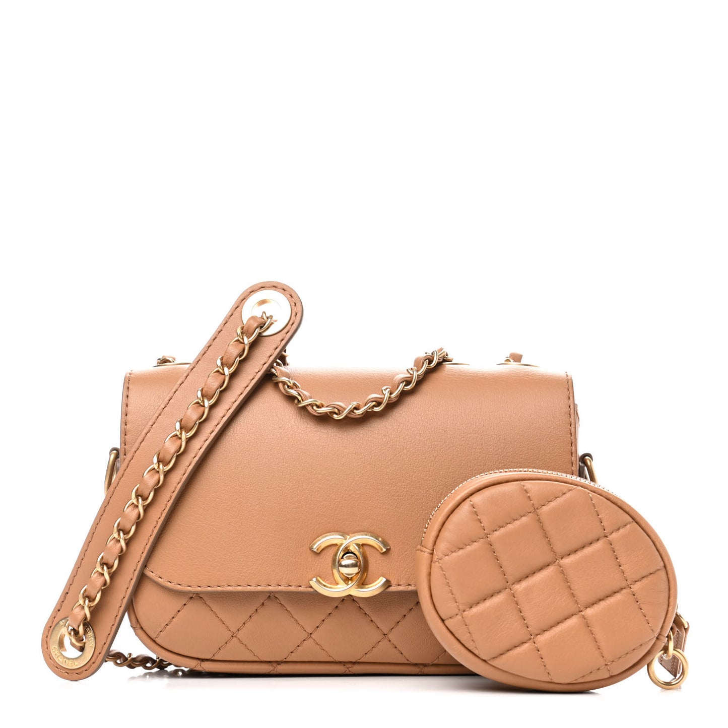 Calfskin Quilted Multi Pouching Flap And Coin Purse Beige