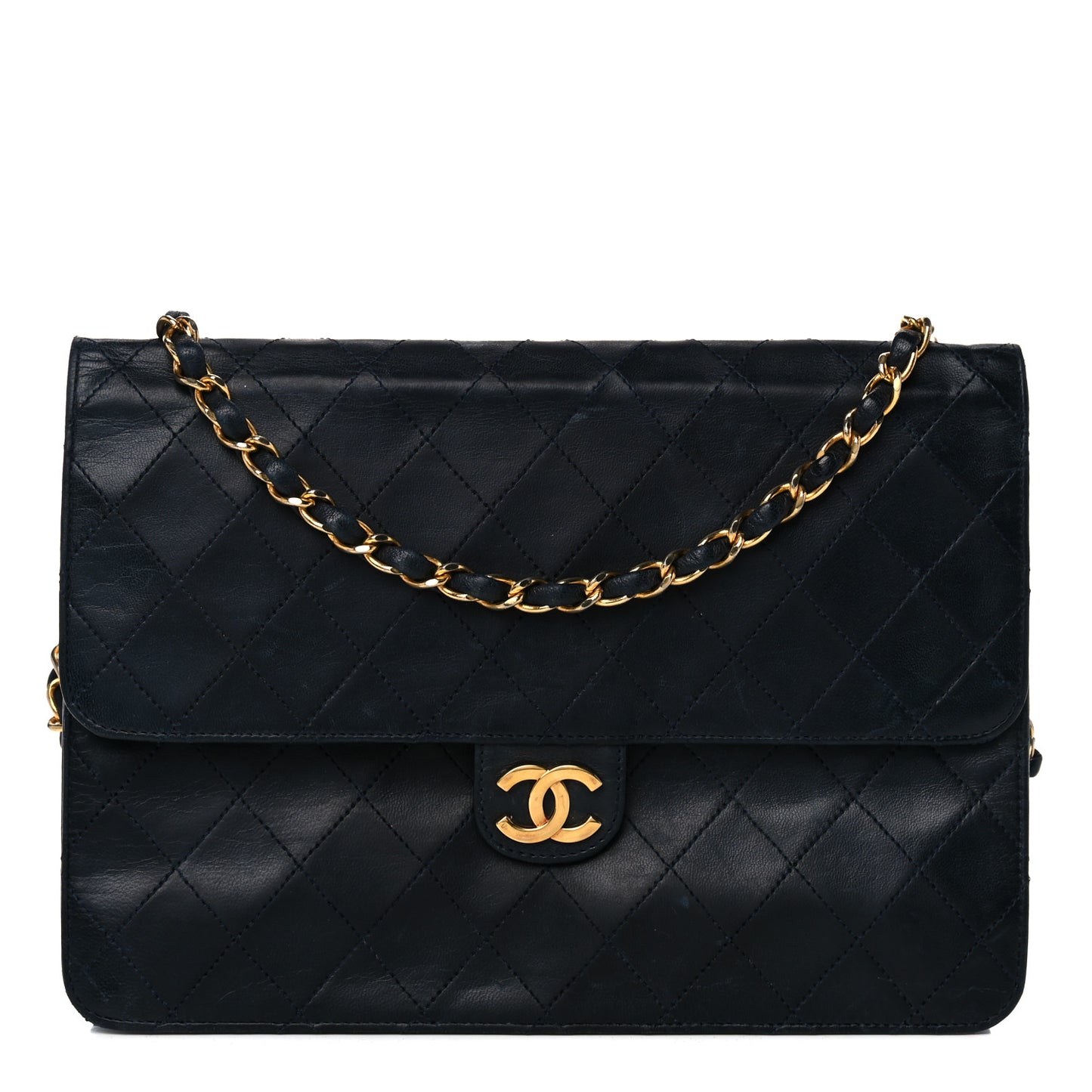 Lambskin Quilted Medium Single Flap Navy