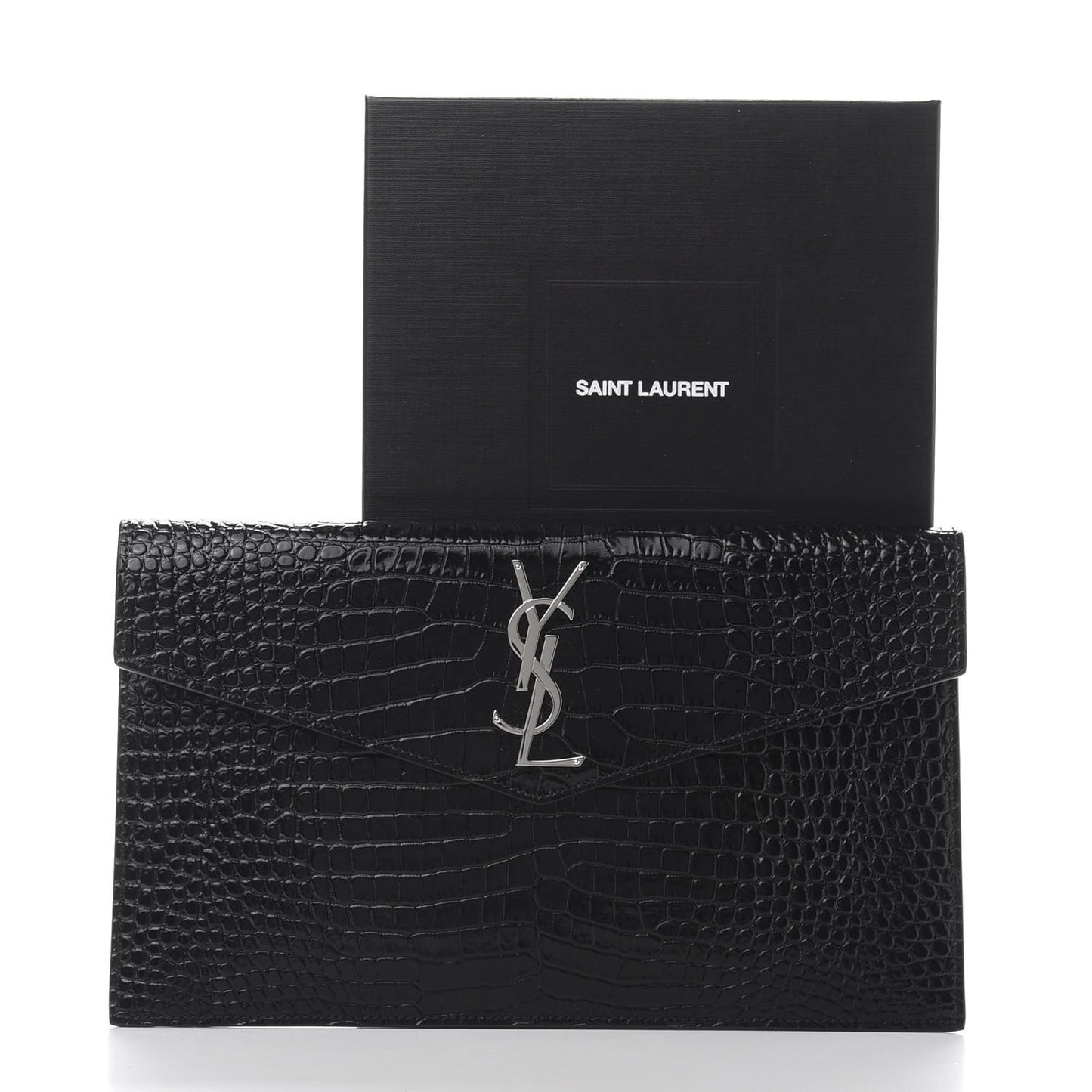 Calfskin Crocodile Embossed Uptown Monogram Clutch Black