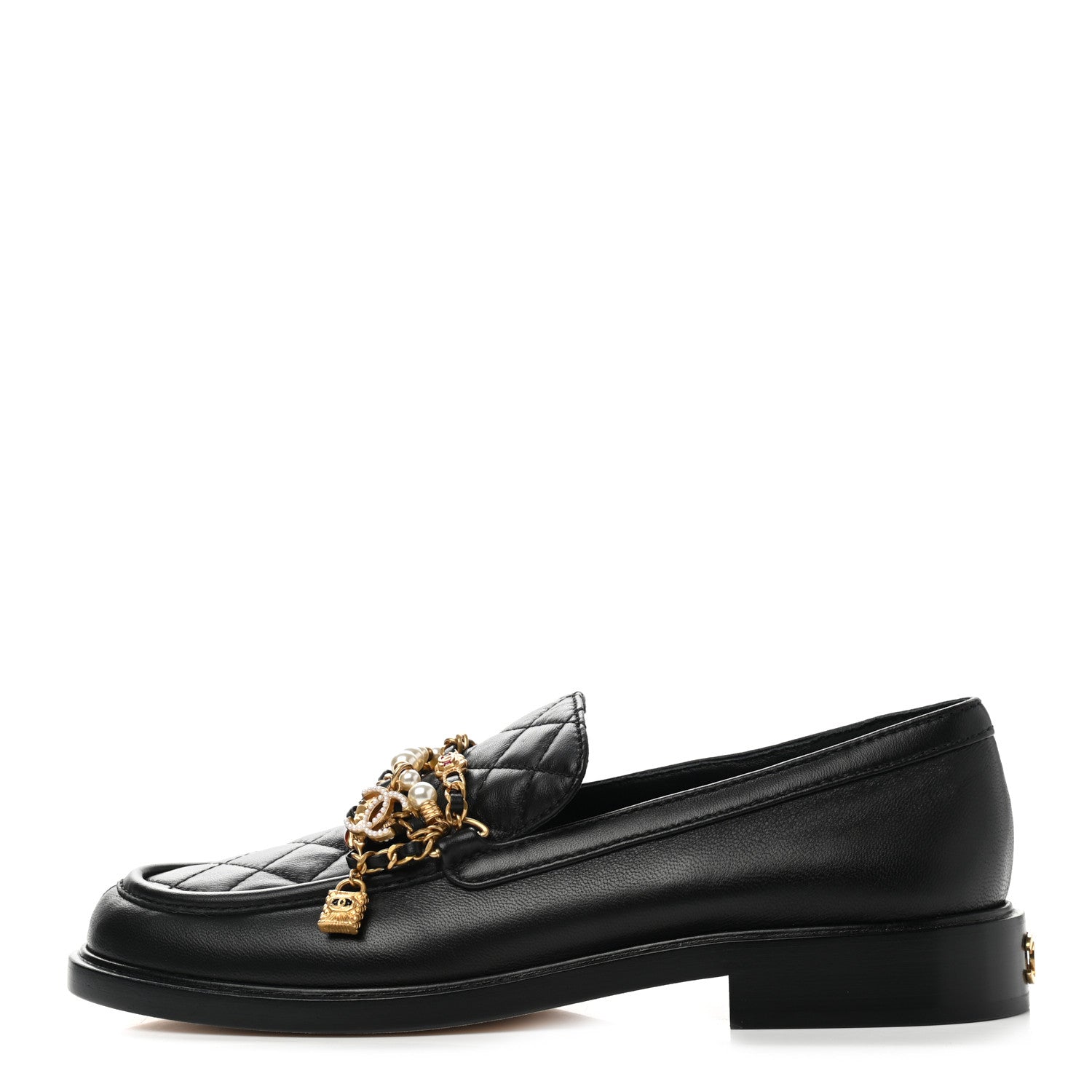 Chanel Lambskin Pearl Crystal Quilted CC Logo Jewelry Loafers 39 Black 1 of 8
