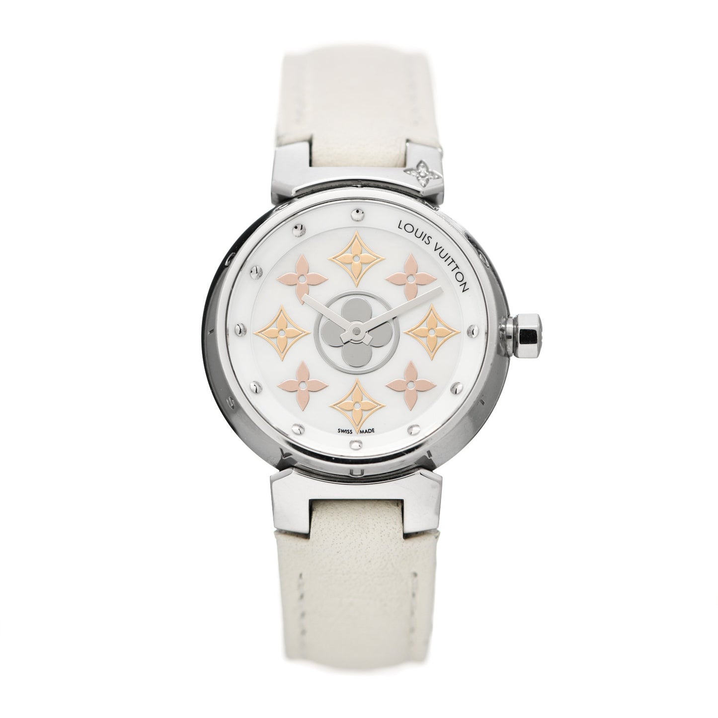 Stainless Steel Calfskin Diamond Mother of Pearl 28mm Tambour Idylle Blossom Quartz Watch