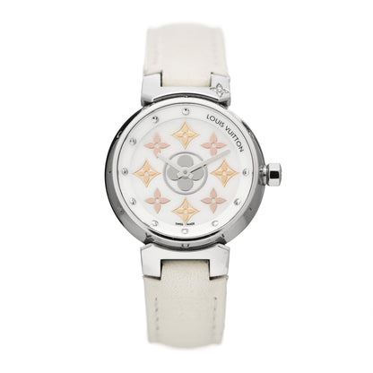 Louis Vuitton Stainless Steel Calfskin Diamond Mother of Pearl 28mm Tambour Idylle Blossom Quartz Watch 1 of 5