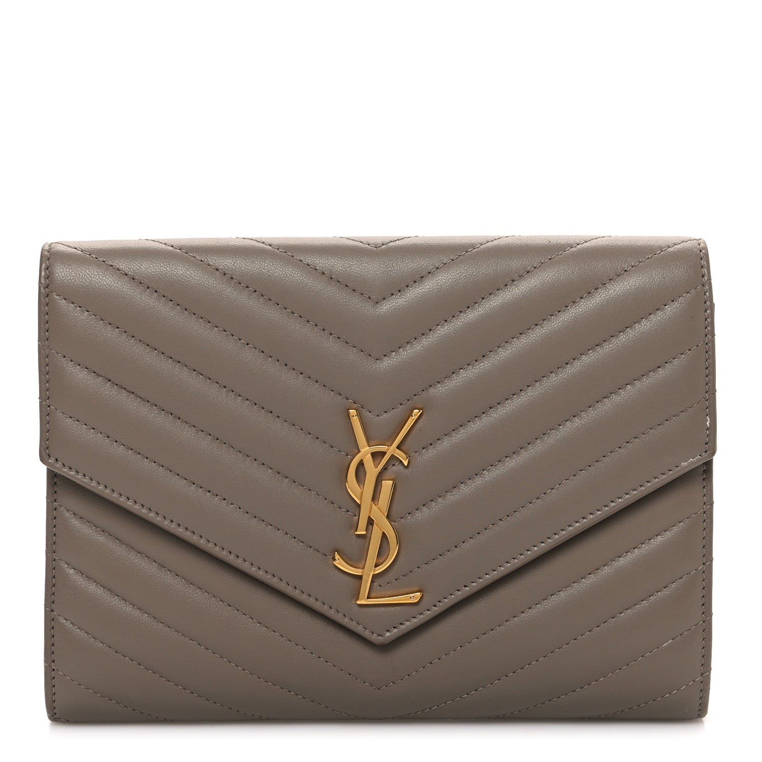 Saint Laurent Lambskin Matelasse Chevron Monogram Cassandre Flap Pouch Dark Beige 1 of 7