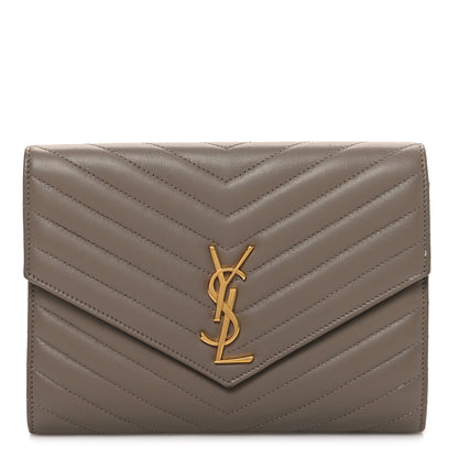 Saint Laurent Lambskin Matelasse Chevron Monogram Cassandre Flap Pouch Dark Beige 1 of 7