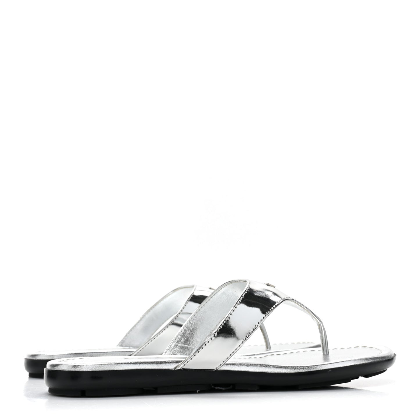 Metallic Calfskin Logo Thong Sandals 35.5 Silver