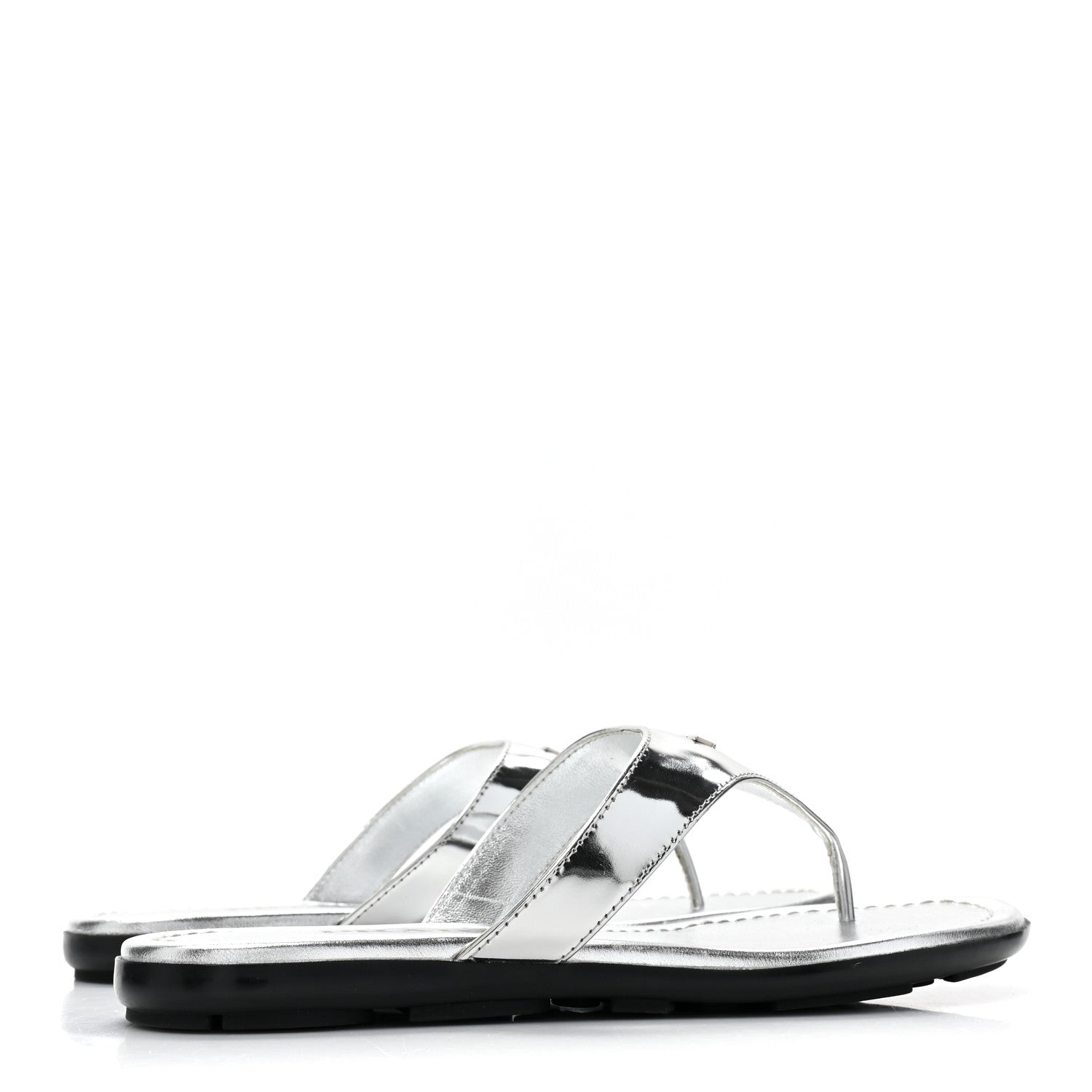 Prada Metallic Calfskin Logo Thong Sandals 35.5 Silver 4 of 9