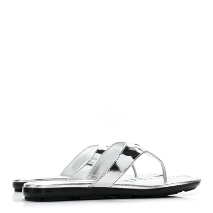 Prada Metallic Calfskin Logo Thong Sandals 35.5 Silver 4 of 9