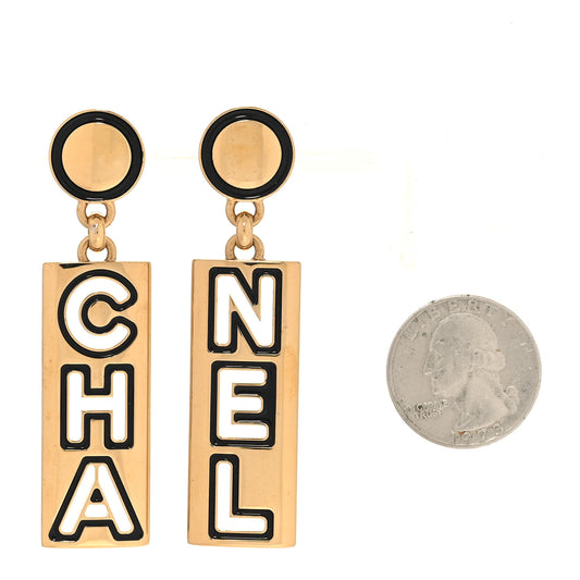 Metal Enamel Cha-Nel Logo Drop Earrings Gold Black