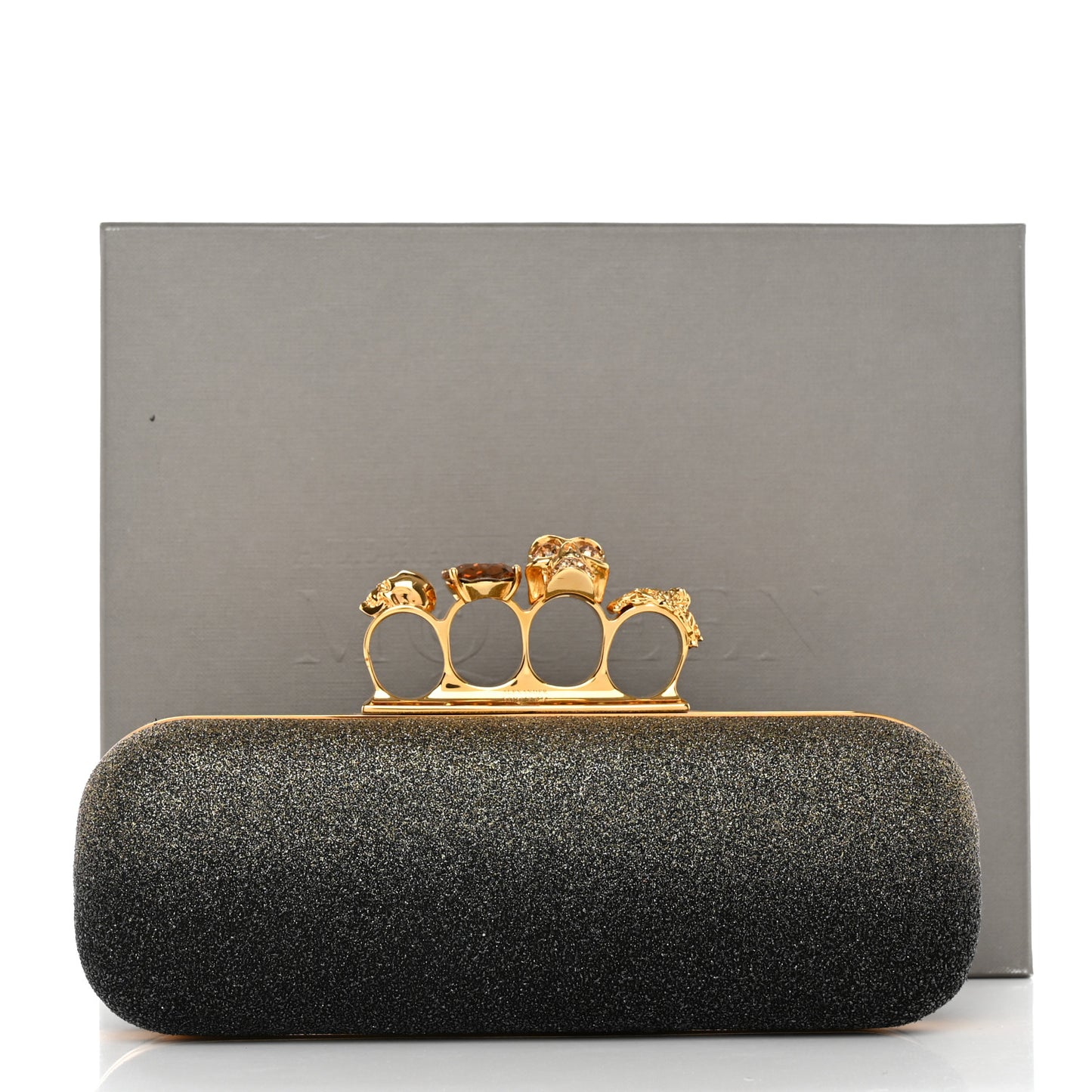 Glitter Skull Knuckle Box Clutch Black Gold