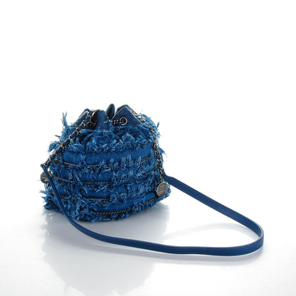 Chanel Calfskin Denim Fringe Chains CC Drawstring Bucket Bag Blue 3 of 8