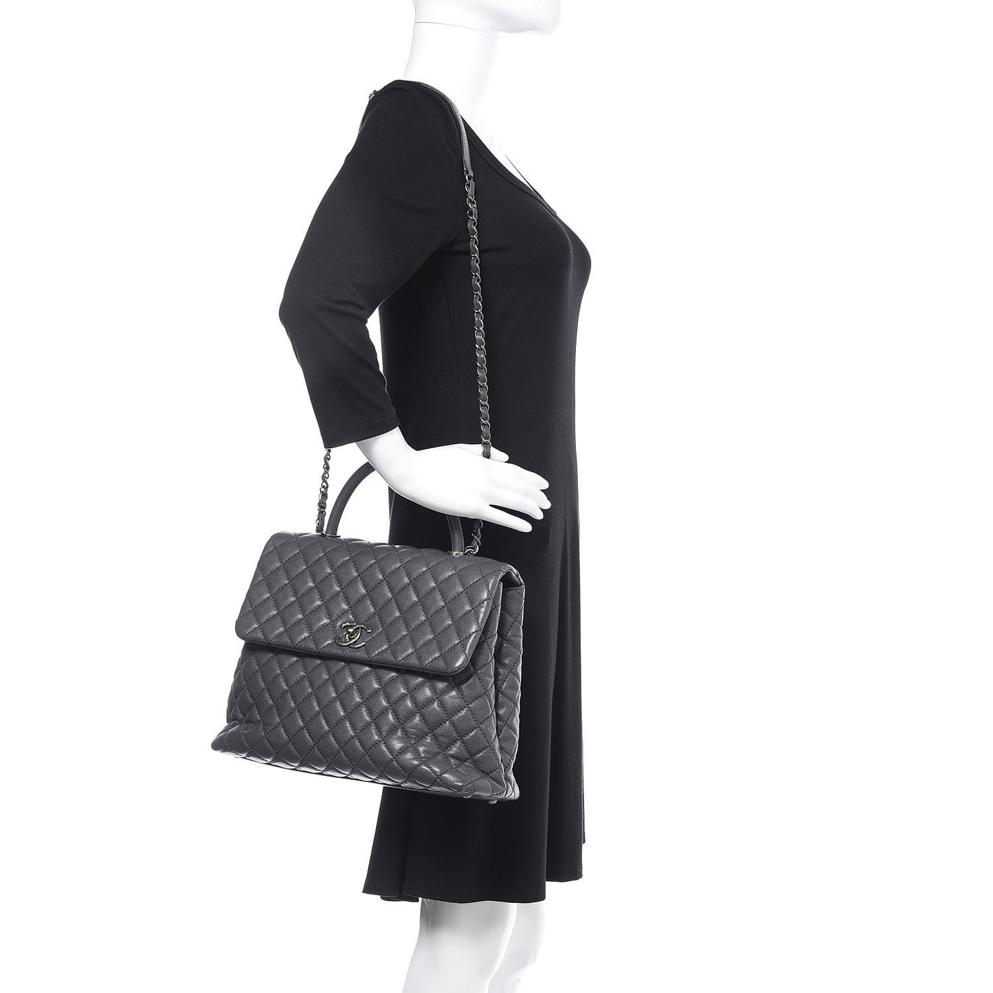 Caviar Quilted Large Coco Handle Flap Grey
