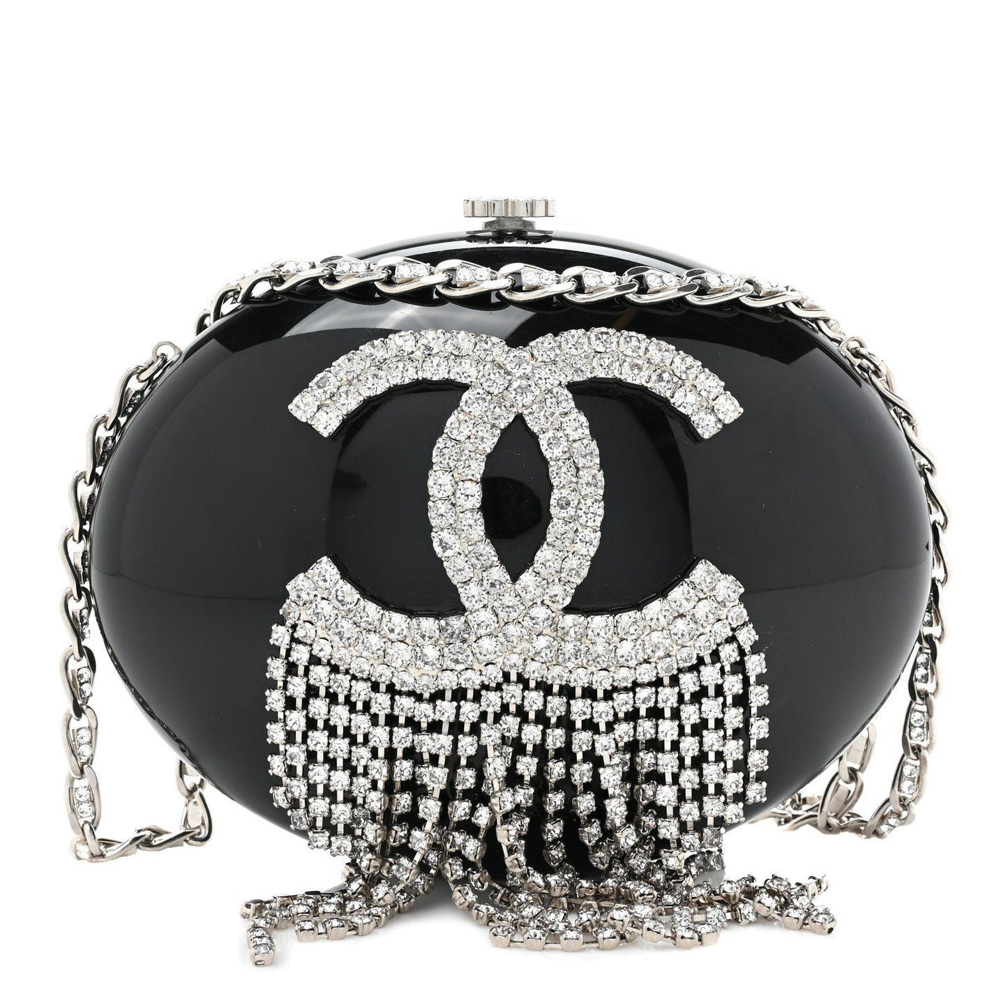 Resin Crystal Chain Fringe CC Oval Minaudière Black
