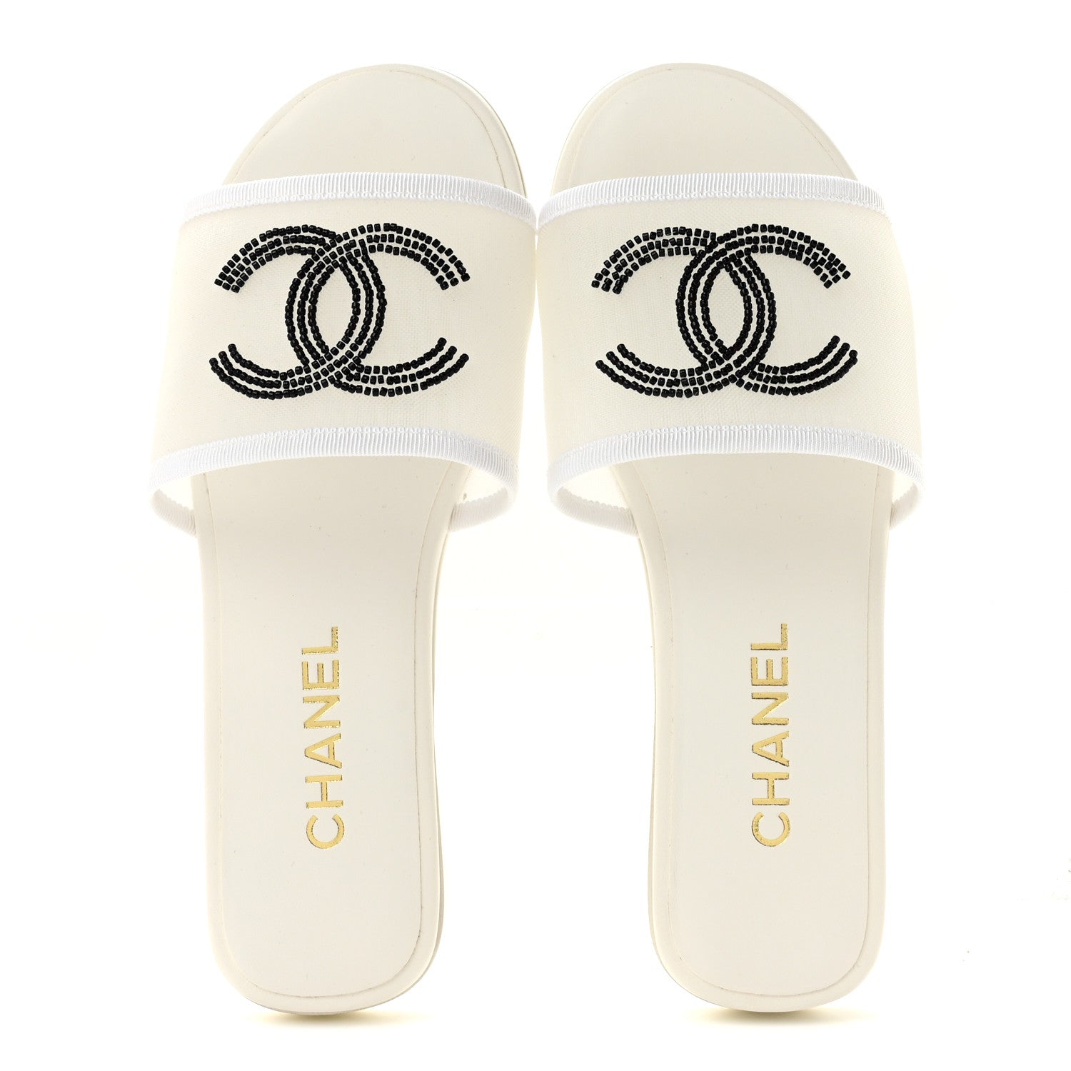 Chanel Mesh Glass Beaded CC Sandal Mules 37.5 White Black 2 of 9