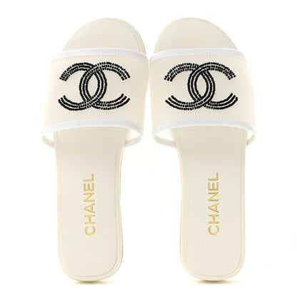 Chanel Mesh Glass Beaded CC Sandal Mules 37.5 White Black 2 of 9