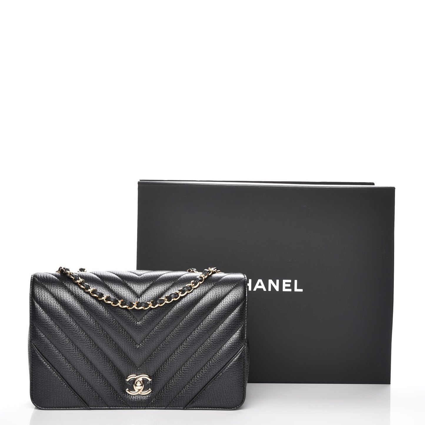 Metallic Calfskin Chevron Quilted Medium Statement Flap Black