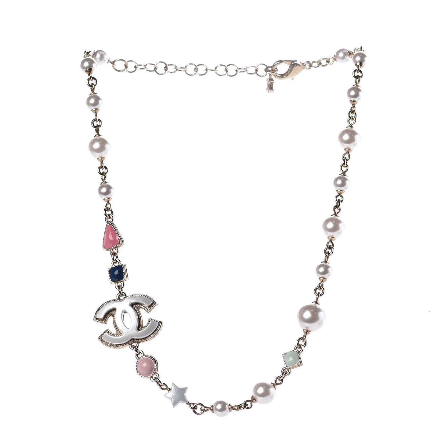 Resin Pearl Beaded CC Short Necklace Gold Pearly White Pink