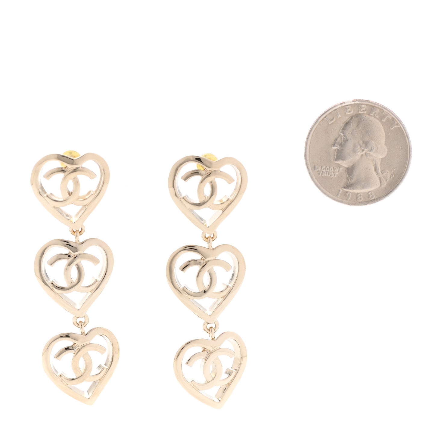 Metal CC Triple Heart Coco In Love Drop Earrings Gold