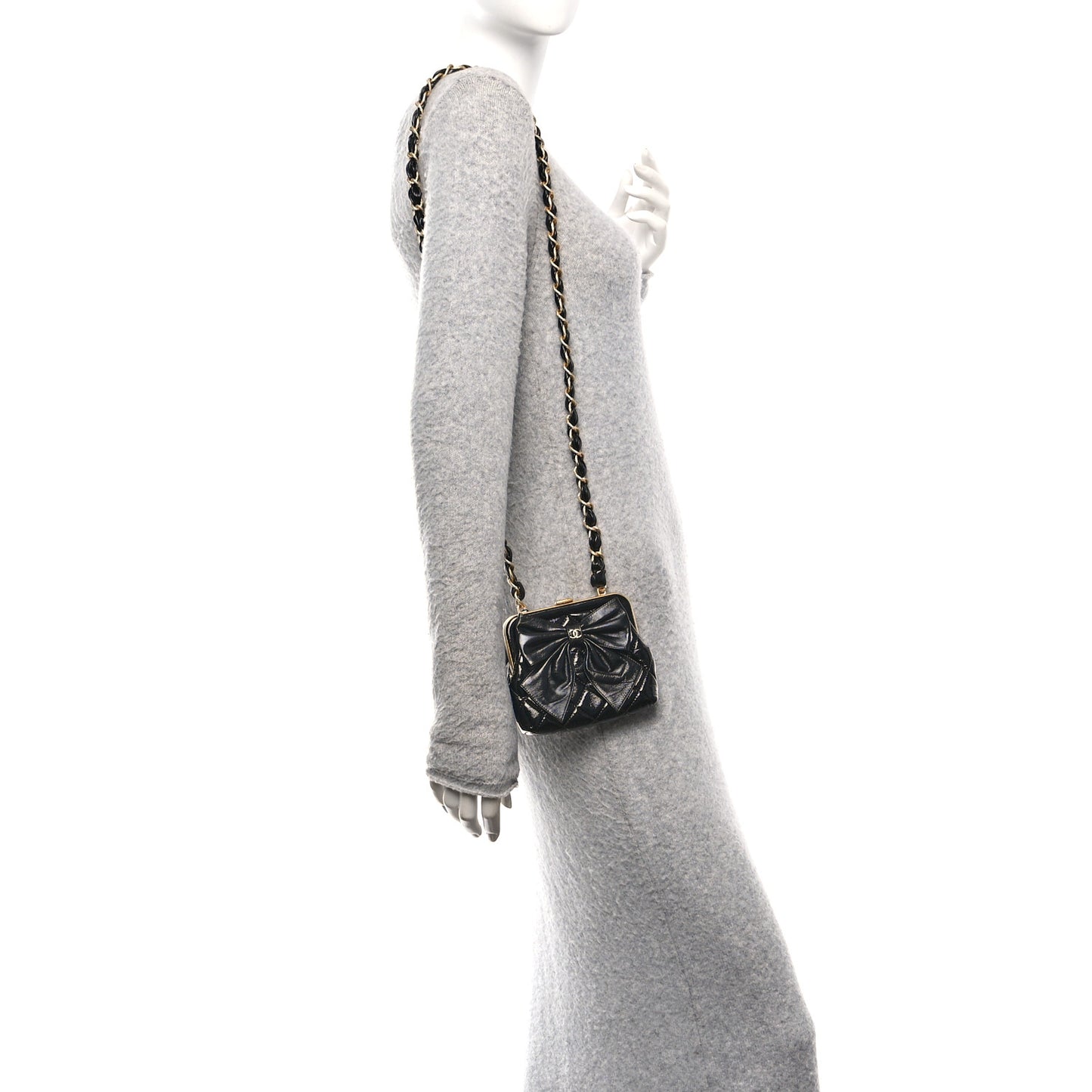 Patent Crumpled Lambskin Quilted Maxi Bow Clutch With Chain Black