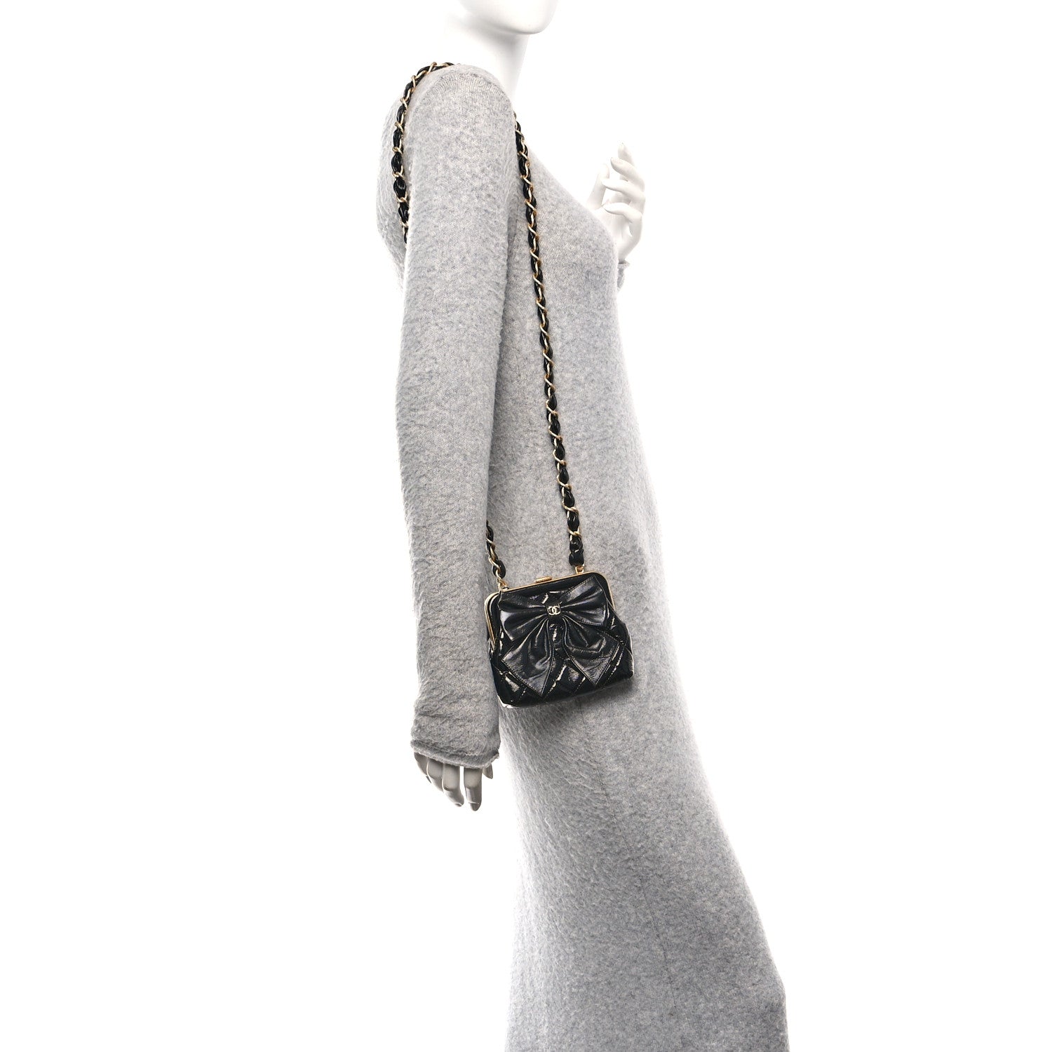 Chanel Patent Crumpled Lambskin Quilted Maxi Bow Clutch With Chain Black 2 of 11