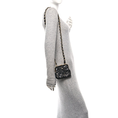 Chanel Patent Crumpled Lambskin Quilted Maxi Bow Clutch With Chain Black 2 of 11