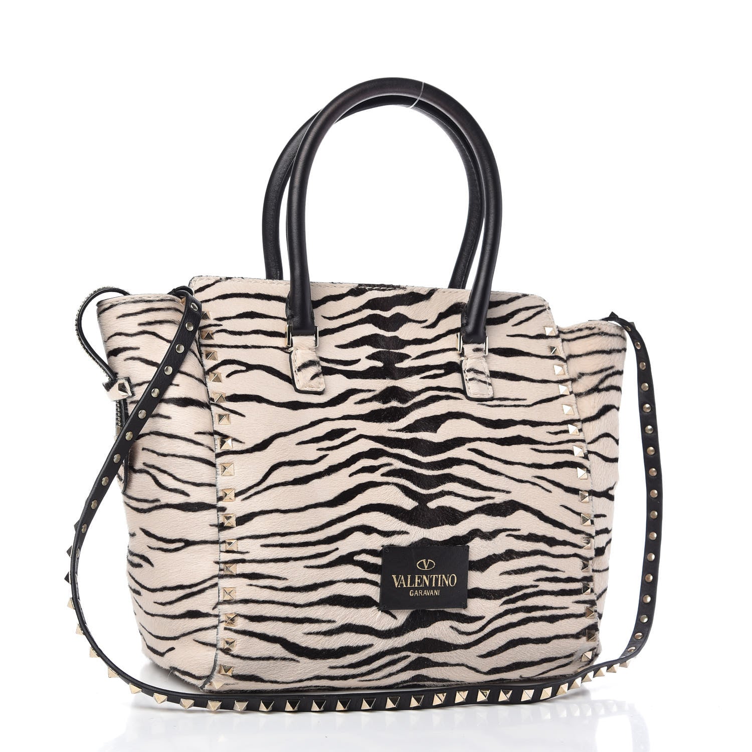Valentino Garavani Pony Hair Zebra Rockstud Double Handle Tote Black Ivory 3 of 15