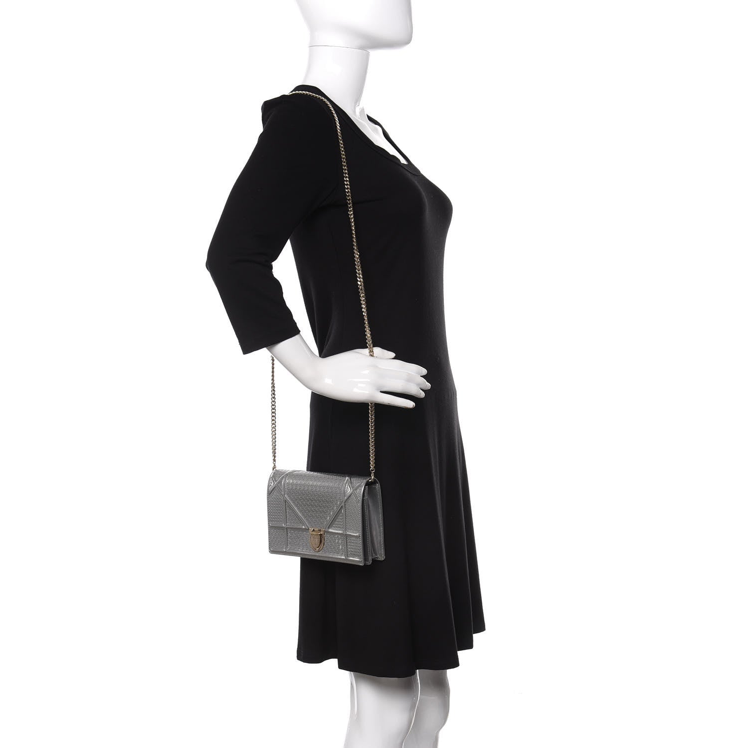 Christian Dior Metallic Patent Micro-Cannage Diorama Wallet on Chain Pouch Silver 2 of 10