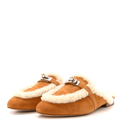 Hermes Suede Goatskin Shearling Womens Oz Mules 38 Natural Ecru 4 of 11