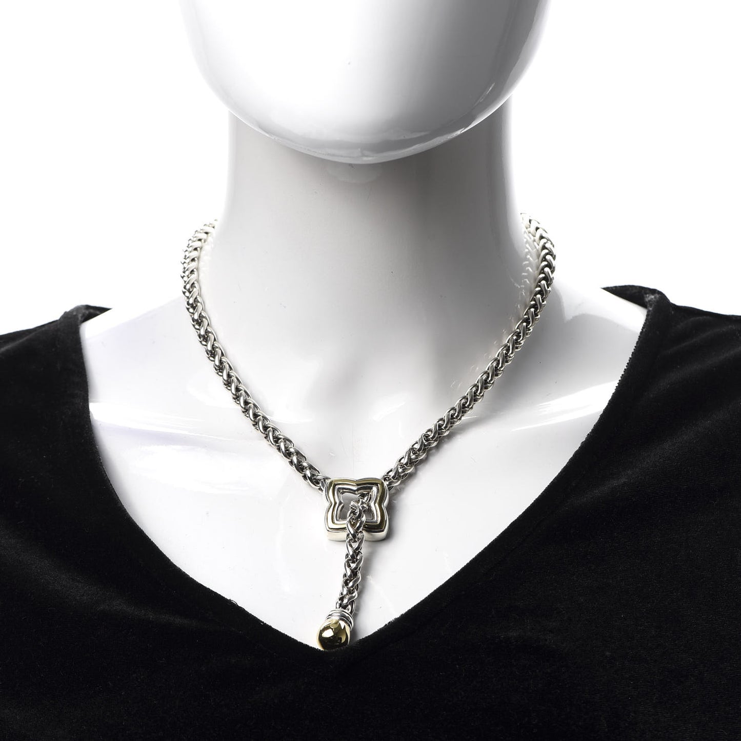 Sterling Silver 18K Yellow Gold Quatrefoil Lariat Wheat Chain Necklace