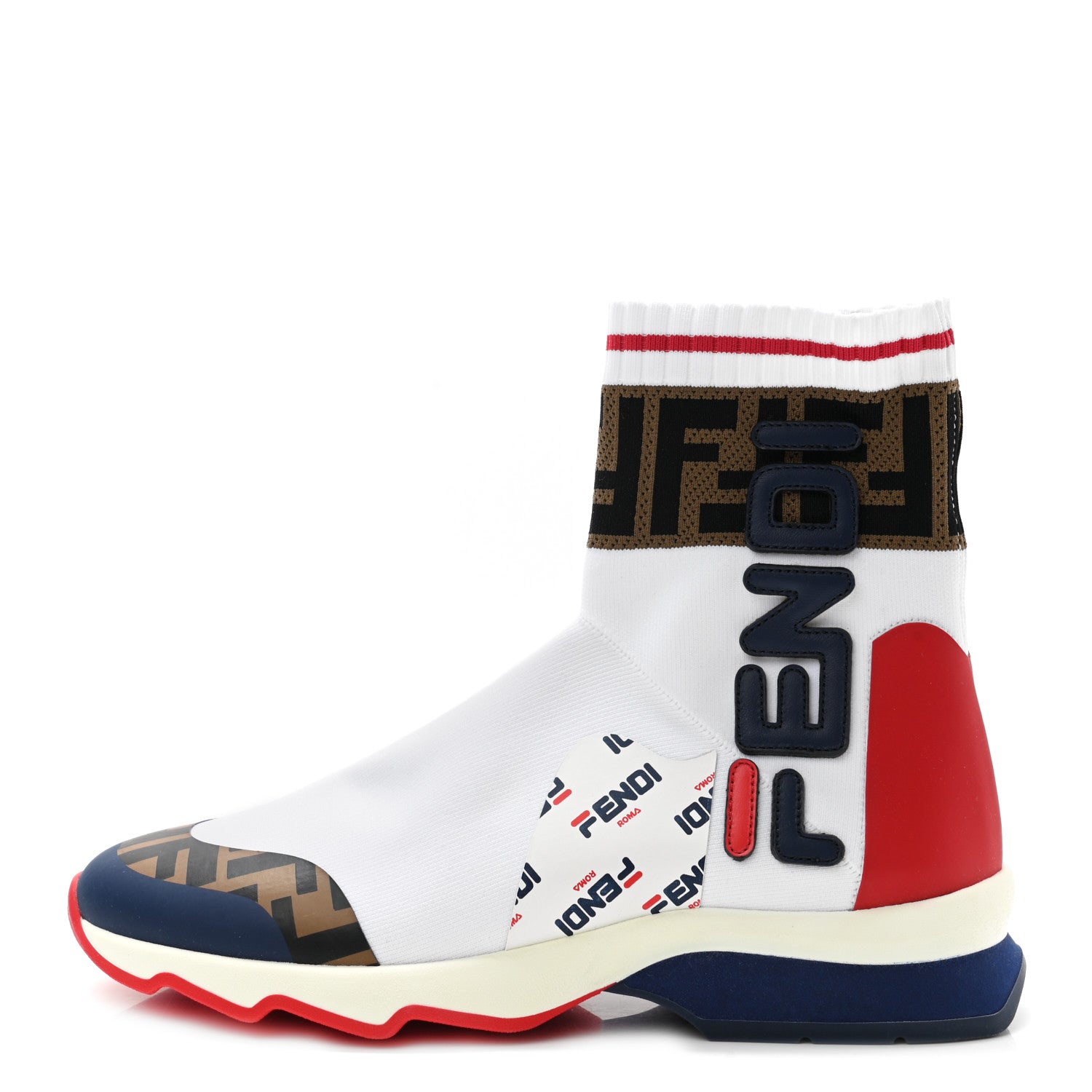 Fendi X FILA Stretch Knit Calfskin Mania Sock Sneakers 36 White Indaco Fiamma Tobacco Black 1 of 7