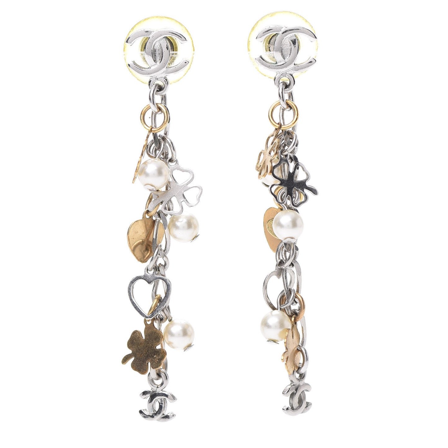 Pearl CC Charm Chain Drop Earrings Silver Gold