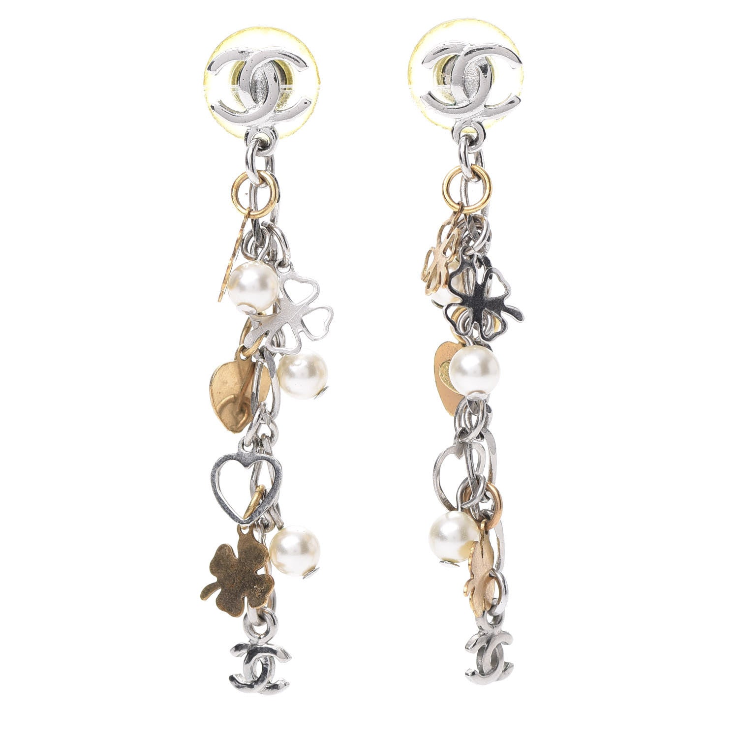 Chanel Pearl CC Charm Chain Drop Earrings Silver Gold 1 of 4
