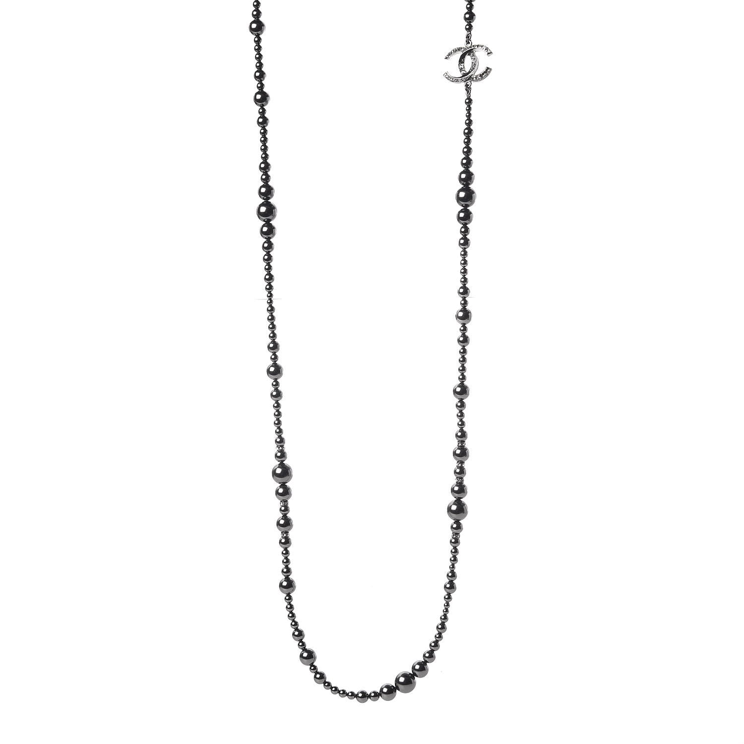 Chanel Pearl Crystal Baguette CC Long Necklace Pearly Grey 1 of 6