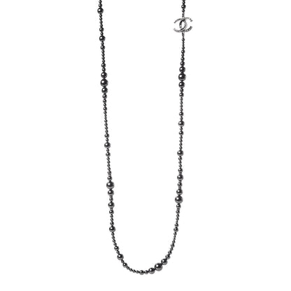Chanel Pearl Crystal Baguette CC Long Necklace Pearly Grey 1 of 6