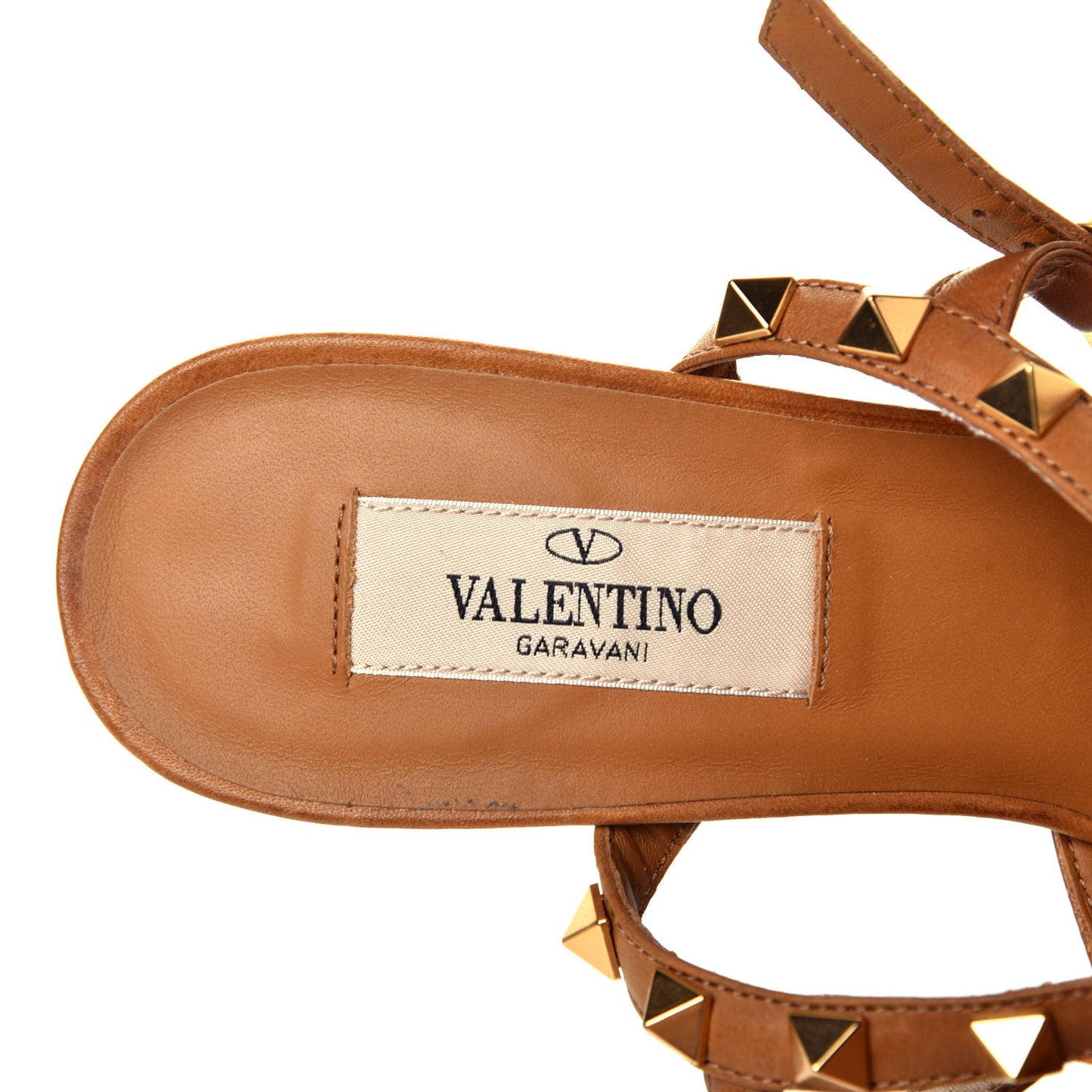 Raffia Calfskin Rockstud Ankle Strap 65mm Pumps 37.5 Natural Saddle Brown