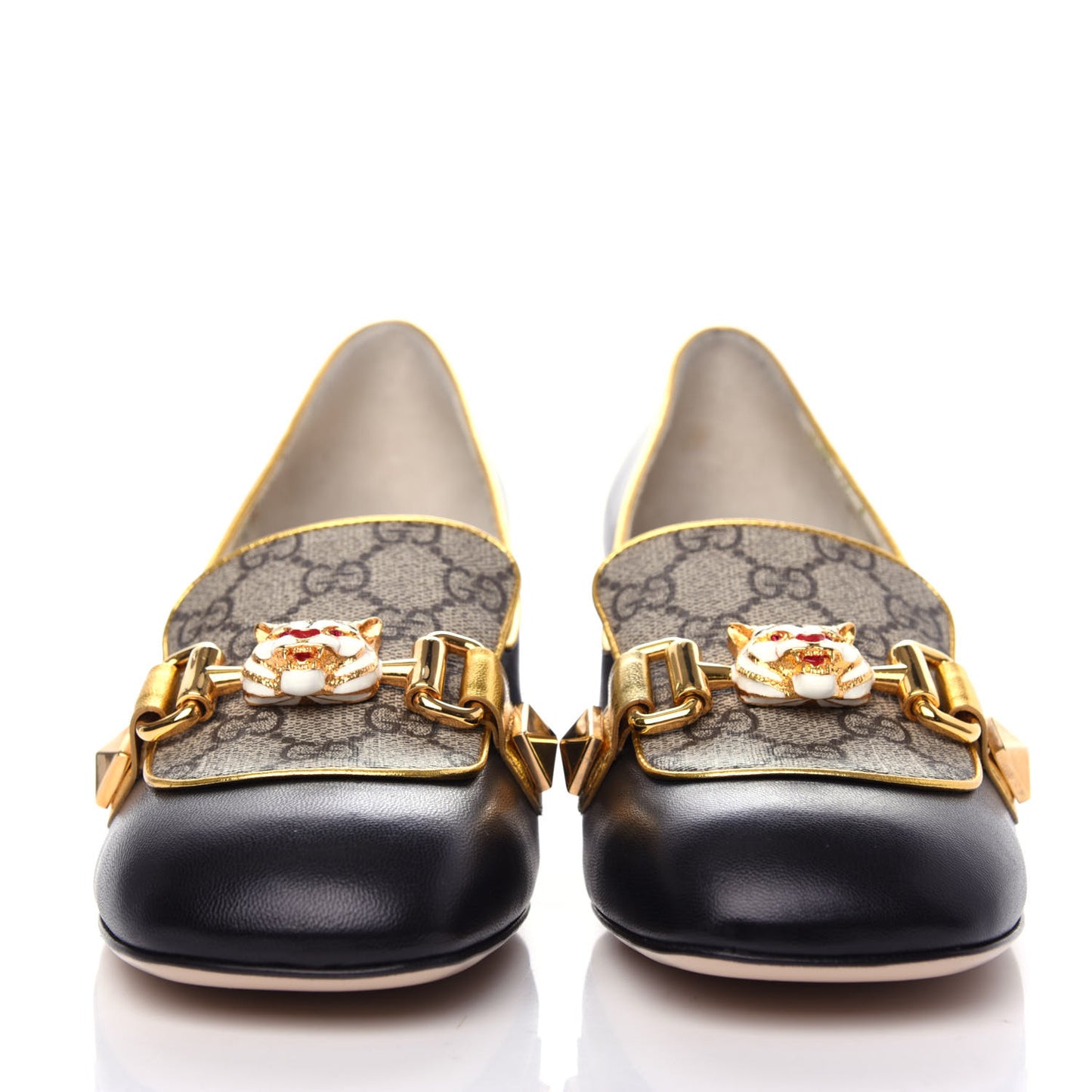 Malaga Kid Nappa GG Supreme Monogram Tiger Head Mid Heel Loafer Pumps 40.5 Black Oro Vecchio Beige