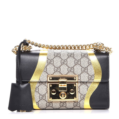 Gucci Calfskin GG Supreme Monogram Small Padlock Shoulder Bag Black Gold 1 of 8