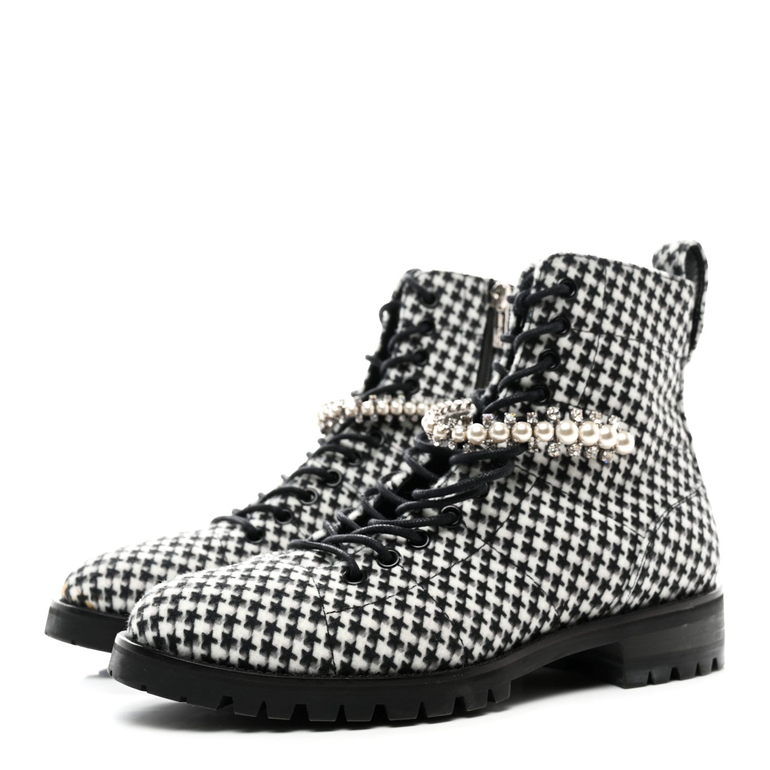Jimmy Choo Houndstooth Crystal Embellished Cruz Combat Boots 38 Black White 3 of 7