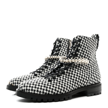 Jimmy Choo Houndstooth Crystal Embellished Cruz Combat Boots 38 Black White 3 of 7