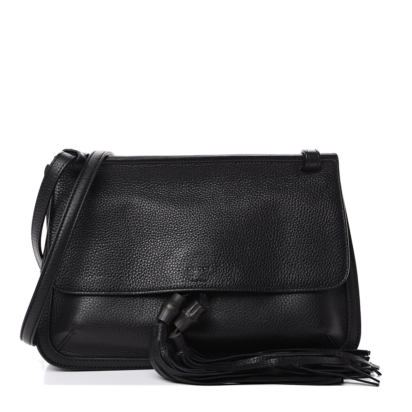 Pebbled Calfskin Medium Bamboo Daily Flap Shoulder Bag Black