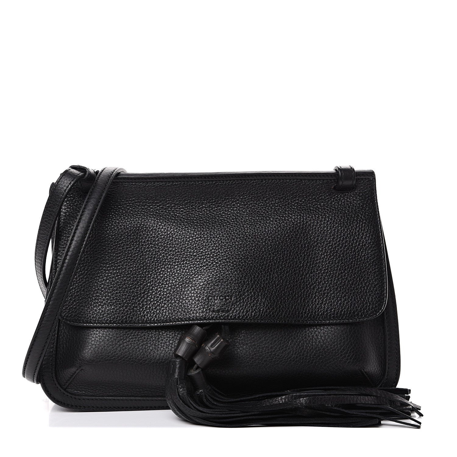Gucci Pebbled Calfskin Medium Bamboo Daily Flap Shoulder Bag Black 1 of 8