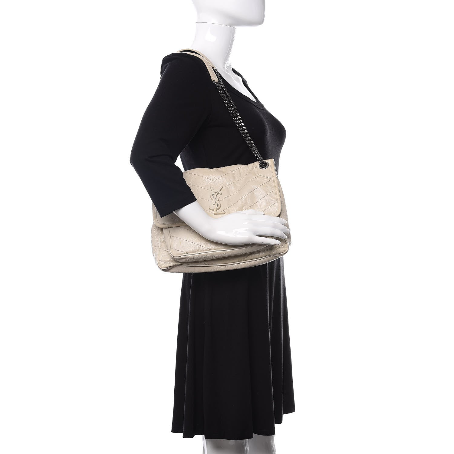 Saint Laurent Crinkled Calfskin Matelasse Monogram Medium Niki Chain Satchel Ivory 2 of 17