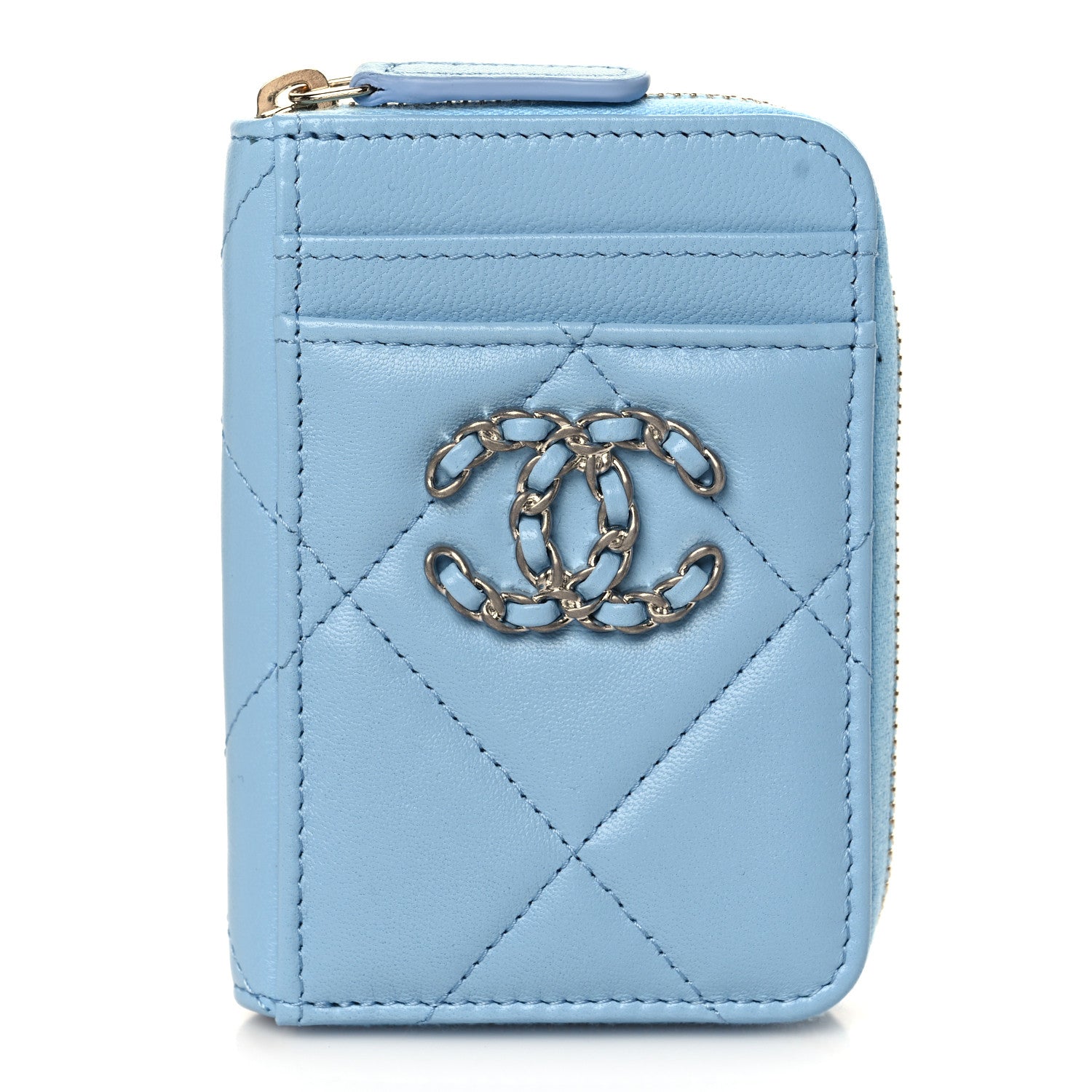 Chanel Lambskin Quilted Chanel 19 Vertical Zip Card Holder Wallet Light Blue 1 of 8
