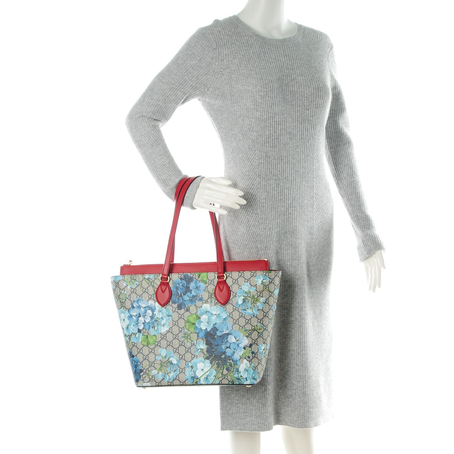 GG Supreme Monogram Blooms Medium Zippered Bucket Tote Beige Blue Navy Hibiscus Red